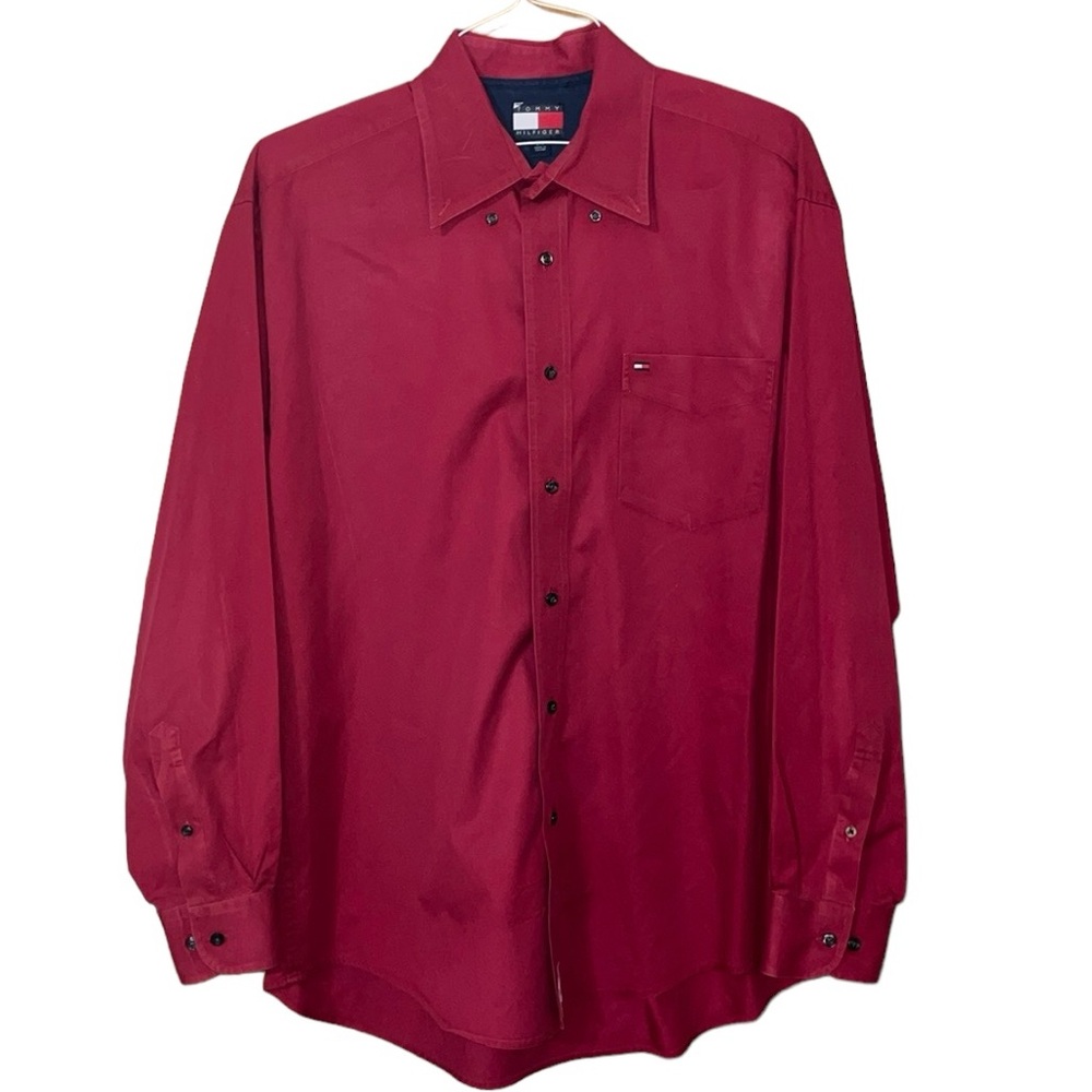 •TOMMY HILFIGER•MENS VINTAGE RED BUTTON UP POLO COLLARED SHIRT SIZE LARGE